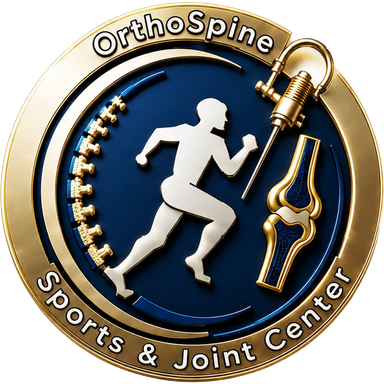 The OSJC badge: a runner, a spine and a knee joint inside a gold ring