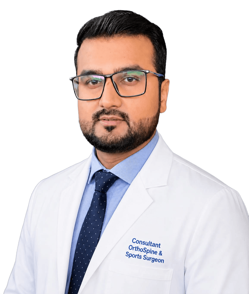 Dr Hafiz Muheet Farooq in a white coat embroidered Consultant OrthoSpine & Sports Surgeon